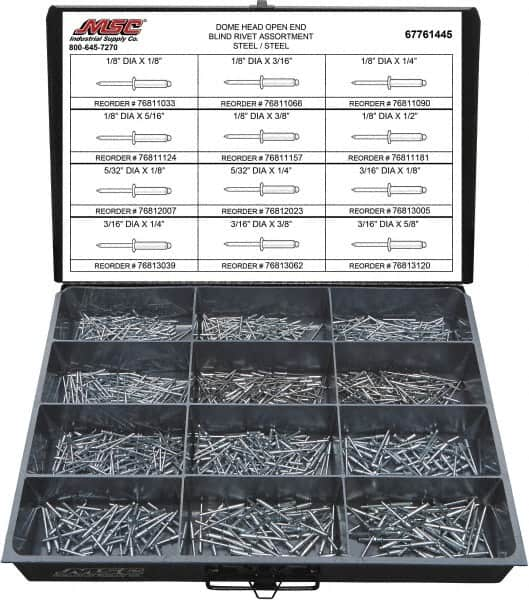 Value Collection - 1,100 Piece, 1/8 to 3/16" Hole Diam, Dome Head, Steel Blind Rivet Assortment - 1/8 to 5/8" Length, Steel Mandrel - Americas Industrial Supply