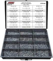 Value Collection - 1,100 Piece, 1/8 to 3/16" Hole Diam, Dome Head, Steel Blind Rivet Assortment - 1/8 to 5/8" Length, Steel Mandrel - Americas Industrial Supply