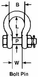 Campbell - 2" Nominal Chain Size, 35 Ton Carbon Steel Bolt Anchor Shackle - 2" Diam, 2" Pin Diam, 7-3/4" High x 3-1/4" Wide Inside Jaw, 5-3/4" Inside Width, 4-7/8" Max Body Thickness - Americas Industrial Supply