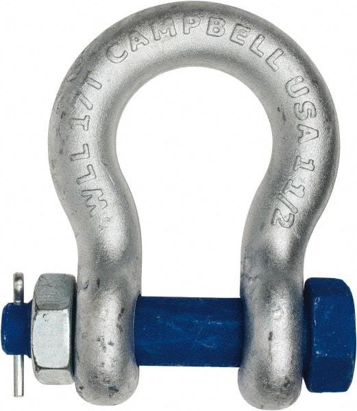 Campbell - 1-1/2" Nominal Chain Size, 17 Ton Carbon Steel Bolt Anchor Shackle - 1-1/2" Diam, 1-1/2" Pin Diam, 5-3/4" High x 2-3/8" Wide Inside Jaw, 3-7/8" Inside Width, 3-1/2" Max Body Thickness - Americas Industrial Supply