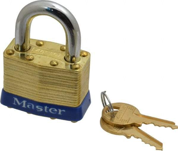 Master Lock - 15/16" Shackle Clearance, Keyed Alike Laminated Brass Padlock - 5/16" Shackle Diam, Brass - Americas Industrial Supply