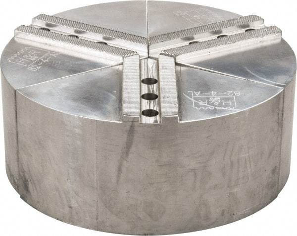 H & R Manufacturing - 1.5mm x 60° Serrated Attachment, Round Soft Lathe Chuck Jaw - 3 Jaws, Aluminum, 1.181" Btw Mount Hole Ctrs, 5" Long x 10" Wide x 4" High, 0.63" Groove, 12mm Fastener - Americas Industrial Supply