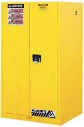 Justrite - 2 Door, 2 Shelf, Yellow Steel Standard Safety Cabinet for Flammable and Combustible Liquids - 65" High x 34" Wide x 34" Deep, Manual Closing Door, 3 Point Key Lock, 60 Gal Capacity - Americas Industrial Supply