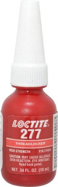 Loctite - 10 mL Bottle, Red, High Strength Liquid Threadlocker - Series 277, 24 hr Full Cure Time, Hand Tool, Heat Removal - Americas Industrial Supply