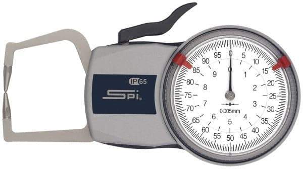 SPI - 10mm Max Measurement, 0.01mm Graduation, Outside Dial Caliper Gage - 35mm Leg Length, 0.02mm Accuracy - Americas Industrial Supply