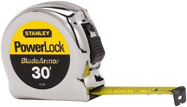 Stanley - 30' x 1" Yellow Blade Tape Measure - 1/16" Graduation, Inch Graduation Style, Silver Case - Americas Industrial Supply