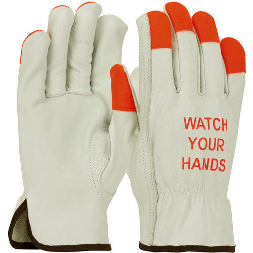 ‎68-165HV/XXL Leather Drivers Gloves - TG Cowhide - Superior Grade - Hi-Vis Orange Fingertips & Logo - Keystone - Exact Industrial Supply