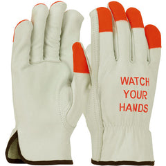 ‎68-165HV/XXL Leather Drivers Gloves - TG Cowhide - Superior Grade - Hi-Vis Orange Fingertips & Logo - Keystone - Exact Industrial Supply