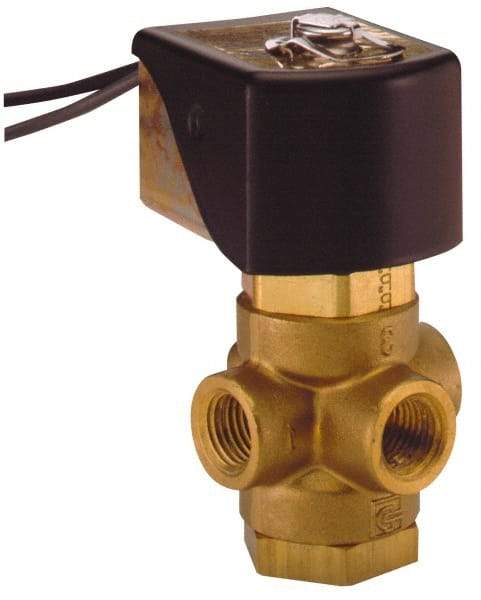 Parker - 1/4" Port, Three Way, Direct Acting, Brass Solenoid Valve - Universal, 125 Max PSI, NBR Seal - Americas Industrial Supply
