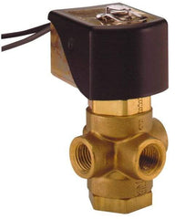 Parker - 1/4" Port, Three Way, Direct Acting, Brass Solenoid Valve - Universal, 125 Max PSI, NBR Seal - Americas Industrial Supply