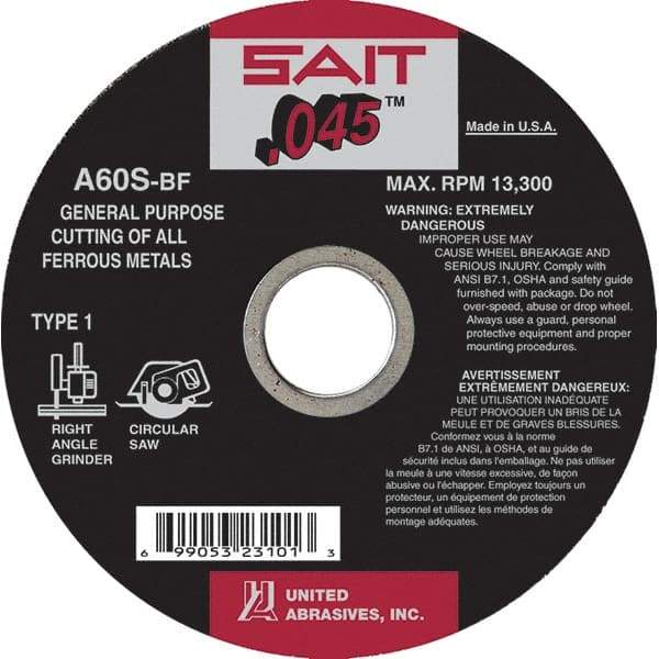 Sait - 7" 60 Grit Aluminum Oxide Cutoff Wheel - 0.045" Thick, 5/8" Arbor, 8,500 Max RPM, Use with Angle Grinders - Americas Industrial Supply