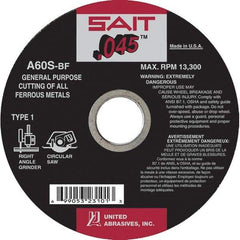 Sait - 6" 60 Grit Aluminum Oxide Cutoff Wheel - 0.045" Thick, 5/8" Arbor, 10,200 Max RPM, Use with Angle Grinders - Americas Industrial Supply