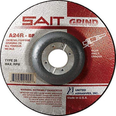 Sait - 24 Grit, 9" Wheel Diam, 1/4" Wheel Thickness, 7/8" Arbor Hole, Type 28 Depressed Center Wheel - Aluminum Oxide, Resinoid Bond, R Hardness, 6,600 Max RPM, Compatible with Angle Grinder - Americas Industrial Supply