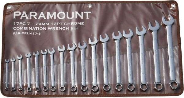 Paramount - 17 Piece, 7mm to 24mm, 12 Point Combination Wrench Set - Metric Measurement Standard, Full Polish Finish, Comes in Canvas Roll - Americas Industrial Supply