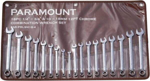 Paramount - 18 Piece, 1/4" to 3/4" (10mm to 18mm), 12 Point Combination Wrench Set - Inch/Metric Measurement Standard, Full Polish Finish, Comes in Canvas Roll - Americas Industrial Supply