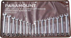 Paramount - 18 Piece, 1/4" to 3/4" (10mm to 18mm), 12 Point Combination Wrench Set - Inch/Metric Measurement Standard, Full Polish Finish, Comes in Canvas Roll - Americas Industrial Supply