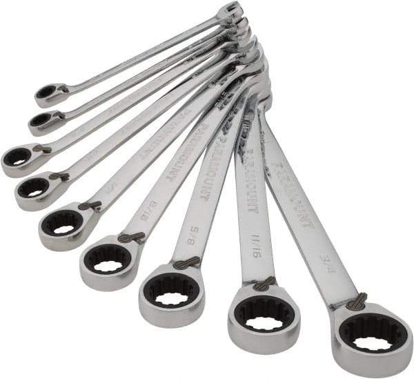 Paramount - 9 Piece, 9/32" to 3/4", 12 Point Ratcheting Reversible Combination Wrench Set - Inch Measurement Standard, Chrome Finish, Comes in Canvas Roll - Americas Industrial Supply