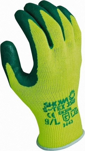 SHOWA - Size M (8), ANSI Cut Lvl 4, Puncture Lvl 3, Abrasion Lvl 4, Nitrile Coated Nitrile Cut Resistant Gloves - 10" Long, Palm Coated, Polyester, Stainless Steel & Kevlar Lining, Knit Wrist, Green/Yellow, Paired - Americas Industrial Supply