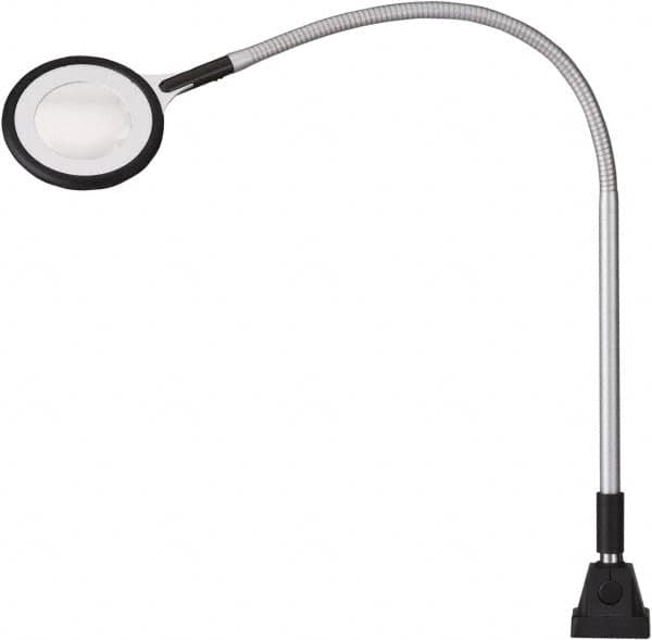 Waldmann Lighting - 25.4 Inch, Gooseneck, Clamp Mounted, LED, Silver, Magnifying Task Light - 6 Watt, 100 to 240 Volt, 2.25x Magnification, 71mm Wide - Americas Industrial Supply