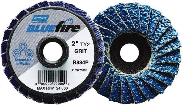 Norton - 120 Grit, 3" Disc Diam, Type 27 Zirconia Alumina Flap Disc - 30,000 Max RPM, Fiberglass Backing, Quick Change Type S Attaching System, Coated - Americas Industrial Supply