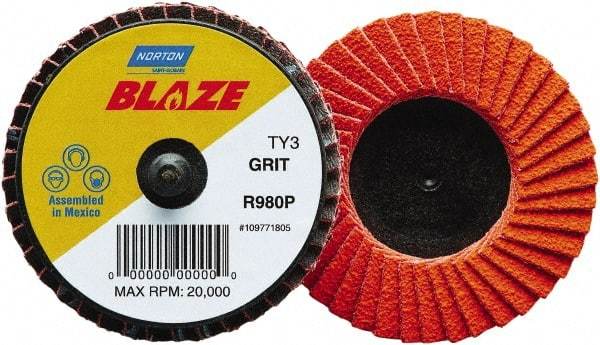 Norton - 60 Grit, 3" Disc Diam, Type 27 Ceramic Alumina Flap Disc - 30,000 Max RPM, Fiberglass Backing, Quick Change Type R Attaching System, Coated - Americas Industrial Supply