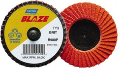 Norton - 60 Grit, 3" Disc Diam, Type 27 Ceramic Alumina Flap Disc - 30,000 Max RPM, Fiberglass Backing, Quick Change Type R Attaching System, Coated - Americas Industrial Supply