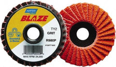 Norton - 60 Grit, 3" Disc Diam, Type 27 Ceramic Alumina Flap Disc - 30,000 Max RPM, Fiberglass Backing, Quick Change Type S Attaching System, Coated - Americas Industrial Supply
