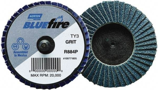 Norton - 120 Grit, 2" Disc Diam, Type 27 Zirconia Alumina Flap Disc - 30,000 Max RPM, Fiberglass Backing, Quick Change Type R Attaching System, Coated - Americas Industrial Supply