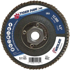 Weiler - 40 Grit, 4-1/2" Disc Diam, 5/8-11 Center Hole, Type 27 Zirconia Alumina Flap Disc - 12,000 Max RPM, Phenolic Backing, Arbor Attaching System, Coated - Americas Industrial Supply