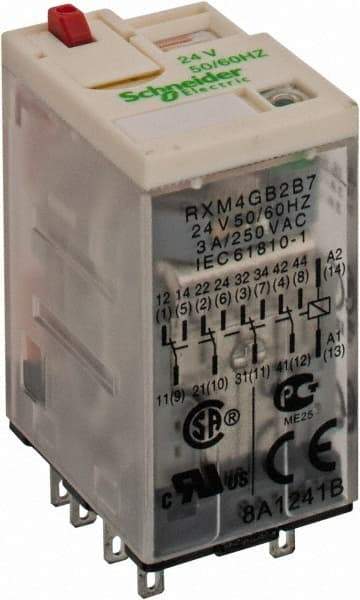 Square D - 14 Pins, 1.2 VA Power Rating, Ice Cube Electromechanical Plug-in General Purpose Relay - 3 Amp at 277 VAC, 4PDT, 24 VAC, 21mm Wide x 40mm High x 27mm Deep - Americas Industrial Supply