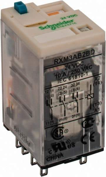 Square D - 11 Pins, Ice Cube Electromechanical Plug-in General Purpose Relay - 10 Amp at 277 V, 3PDT, 24 VDC, 21mm Wide x 40mm High x 27mm Deep - Americas Industrial Supply