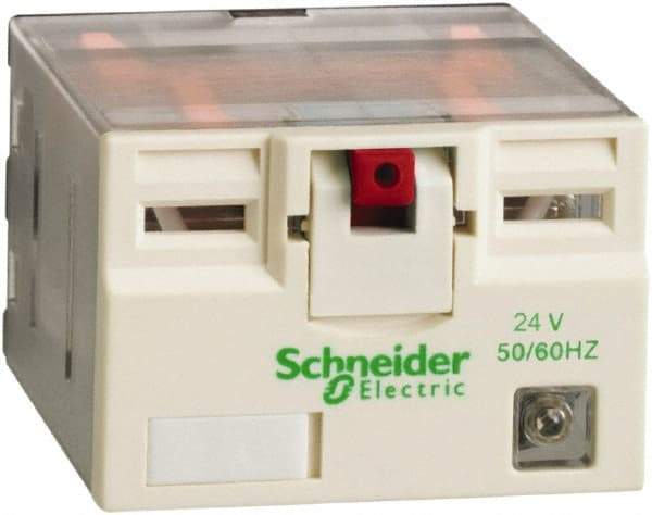 Square D - 14 Pins, 2.5 VA Power Rating, Ice Cube Electromechanical Plug-in General Purpose Relay - 15 Amp at 250 VAC, 4PDT, 24 VAC, 41mm Wide x 39mm High x 27mm Deep - Americas Industrial Supply