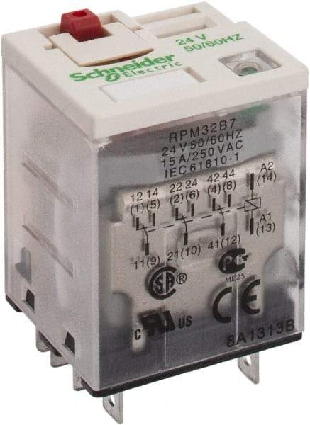 Square D - 11 Pins, 1.7 VA Power Rating, Ice Cube Electromechanical Plug-in General Purpose Relay - 15 Amp at 250 VAC, 3PDT, 24 VAC, 31mm Wide x 39mm High x 27mm Deep - Americas Industrial Supply