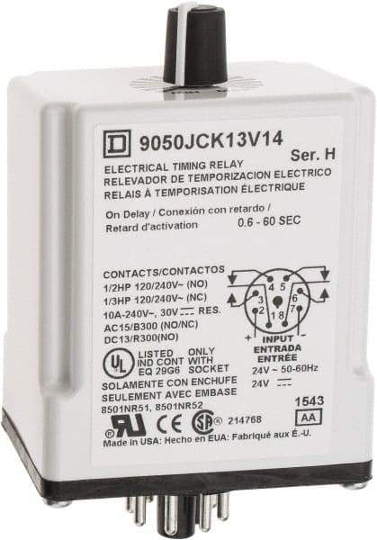 Square D - 8 Pin, 999 hr Delay, DPDT Time Delay Relay - 10 Contact Amp, 24 VAC/VDC - Americas Industrial Supply