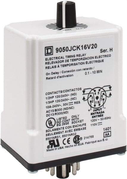 Square D - 8 Pin, 10 min Delay, DPDT Time Delay Relay - 10 Contact Amp, 110 VDC & 120 VAC - Americas Industrial Supply