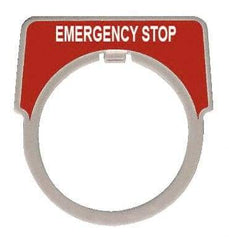 Square D - Round, Aluminum Legend Plate - Emergency Stop - Red Background, White Letters, 1.18 Inch Hole Diameter - Americas Industrial Supply