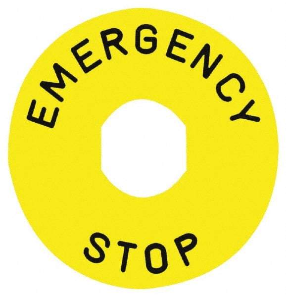 Square D - Round, Legend Plate - Emergency Stop - Yellow Background, White Letters, 90mm Wide x 90mm Overall Diameter - Americas Industrial Supply