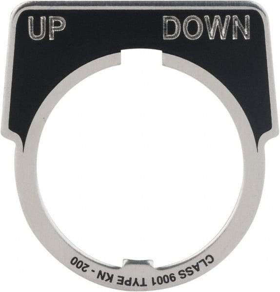 Square D - Metal Legend Plate - Up-Down - Black Background, White Letters, 30mm Hole Diameter - Americas Industrial Supply