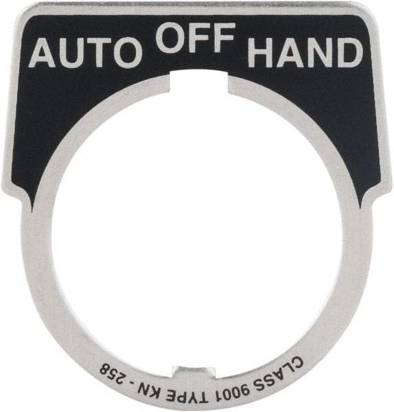 Square D - Metal Legend Plate - Auto-Off-Hand - Black Background, White Letters, 30mm Hole Diameter - Americas Industrial Supply