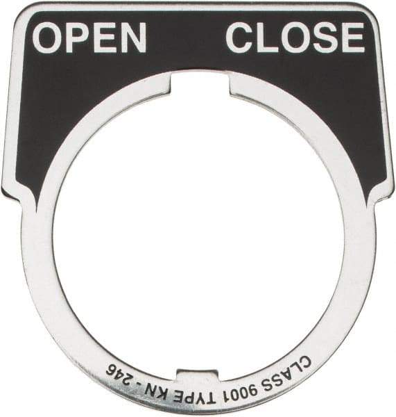 Square D - Half Round, Aluminum Legend Plate - Open-Close - Black Background, White Letters, 1.18 Inch Hole Diameter - Americas Industrial Supply