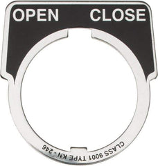 Square D - Half Round, Aluminum Legend Plate - Open-Close - Black Background, White Letters, 1.18 Inch Hole Diameter - Americas Industrial Supply