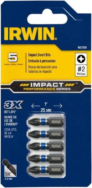 Irwin - #2, Insert Phillips Screwdriver Bit - 1/4" Drive, 1" OAL - Americas Industrial Supply
