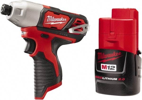 Milwaukee Tool - 12 Volt, 1/4" Drive, 1,000 In/Lb Torque, Cordless Impact Driver - Pistol Grip Handle, 2500 RPM, 1 Lithium-Ion Battery Included - Americas Industrial Supply