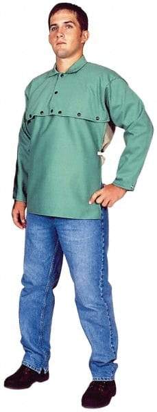 Stanco Safety Products - Size L, 42-44" Chest, 20" Long, Flame Resistant, Cape Sleeves & Bib - Sateen Cotton, 9 oz, Green - Americas Industrial Supply
