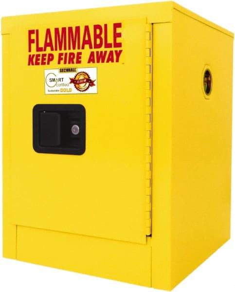 Securall Cabinets - 1 Door, 1 Shelf, Yellow Steel Standard Safety Cabinet for Flammable and Combustible Liquids - 22" High x 17" Wide x 17" Deep, Manual Closing Door, 3 Point Key Lock, 4 Gal Capacity - Americas Industrial Supply