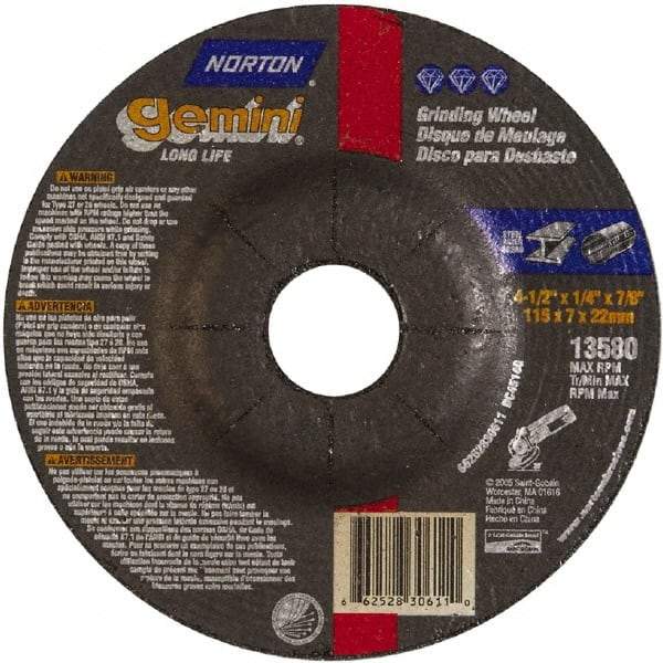 Norton - 4-1/2" Wheel Diam, 1/4" Wheel Thickness, 7/8" Arbor Hole, Type 27 Depressed Center Wheel - Aluminum Oxide - Americas Industrial Supply