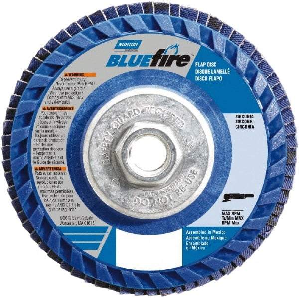 Norton - 36 Grit, 4-1/2" Disc Diam, 5/8-11 Center Hole, Type 27 Zirconia Alumina Flap Disc - 13,300 Max RPM, Plastic Backing, Arbor Attaching System, Coated - Americas Industrial Supply