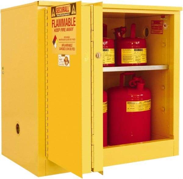 Securall Cabinets - 2 Door, 1 Shelf, Yellow Steel Standard Safety Cabinet for Flammable and Combustible Liquids - 35" High x 36" Wide x 24" Deep, Sliding Door, 3 Point Key Lock, 30 Gal Capacity - Americas Industrial Supply