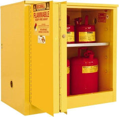Securall Cabinets - 2 Door, 1 Shelf, Yellow Steel Standard Safety Cabinet for Flammable and Combustible Liquids - 35" High x 36" Wide x 24" Deep, Sliding Door, 3 Point Key Lock, 30 Gal Capacity - Americas Industrial Supply