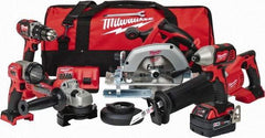 Milwaukee Tool - 18 Volt Cordless Tool Combination Kit - Includes 1/2" Hammer Drill Driver, 1/4" Impact Driver, 1-Hour Charger, Circular Saw, Contractor Bag, Cut-Off Grinder, Reciprocating Saw, Sawzall Blade & Work Light, Lithium-Ion Battery Included - Americas Industrial Supply